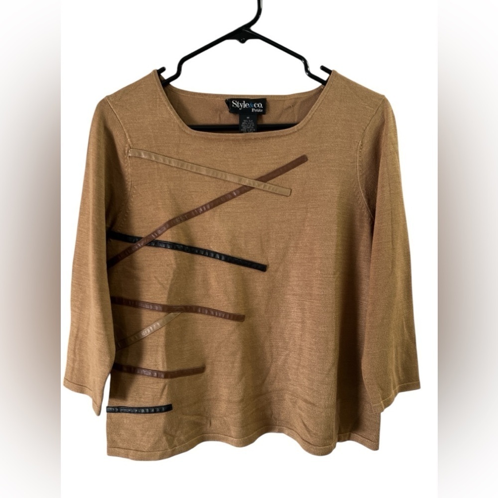 Silk 3/4 sleeve leather detailed blouse